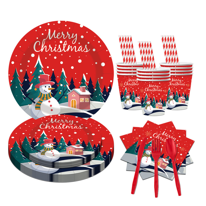 Christmas Snowman Theme Party Disposable Paper Plates and Cups Birthday Party Paper Towels Straws Tableware Decoration Set