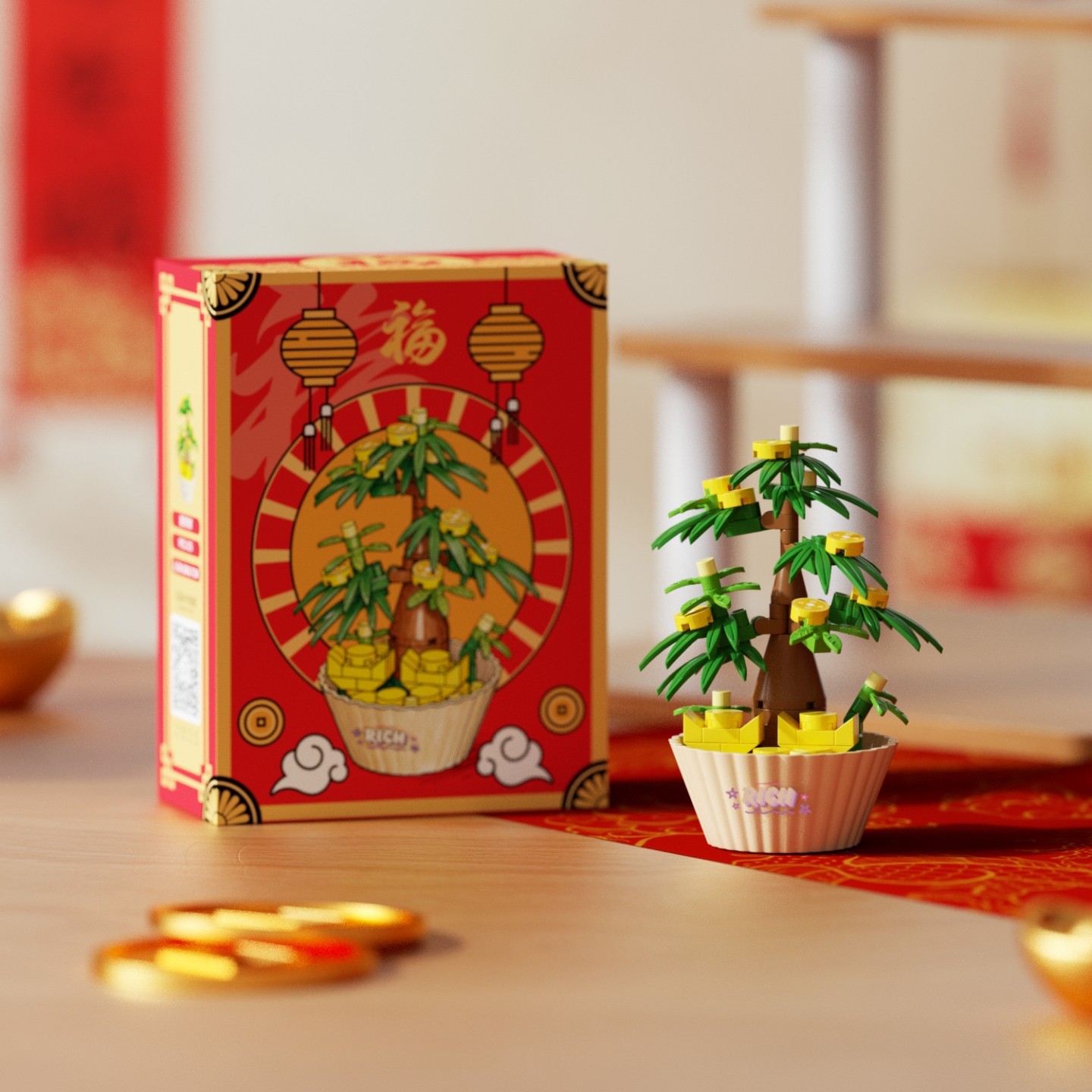 Nuevo modelo compatible con flores de Año Nuevo Nafu naranja árbol rico rico adornos de bloques de bambú preciosos regalos juguetes de Año Nuevo