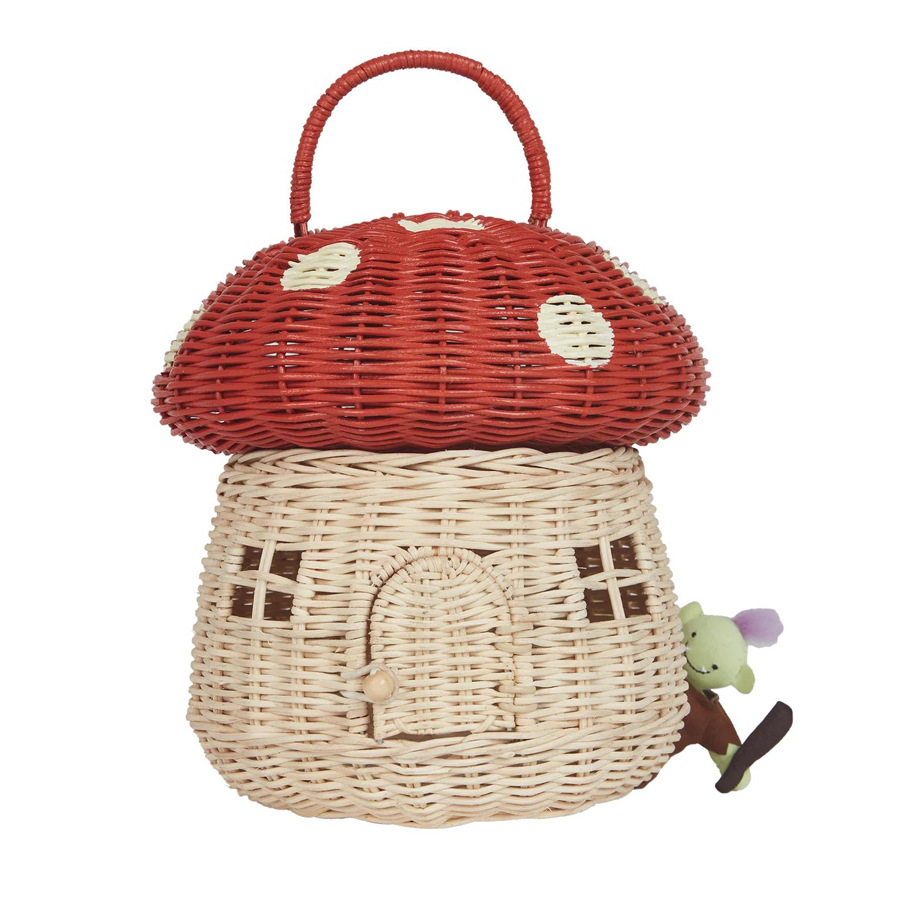 INS estilo hecho a mano ratán en forma de seta cesta de almacenamiento accesorios de tiro para niños bolsa de mano cesta decoraciones de la habitación de los niños