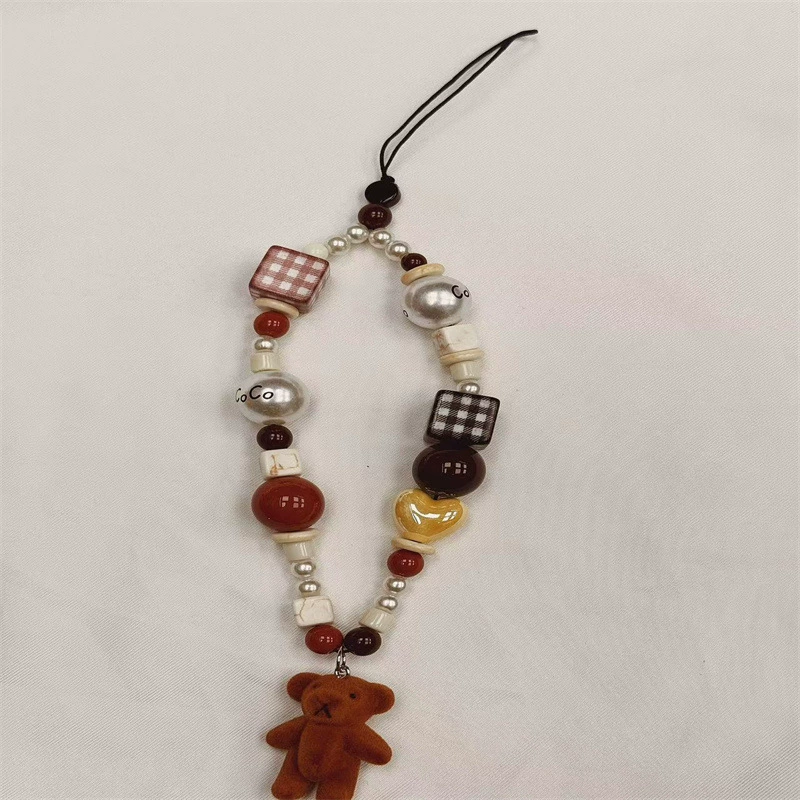 Phone Charm Strap with Velvet Bear Pendant, Beaded Lace Camera & Mobile Chain, Colorful