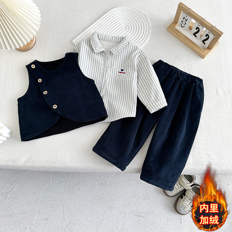 男童秋冬季加绒套装韩版新款帅气童装男宝秋装生日周岁礼服三件套