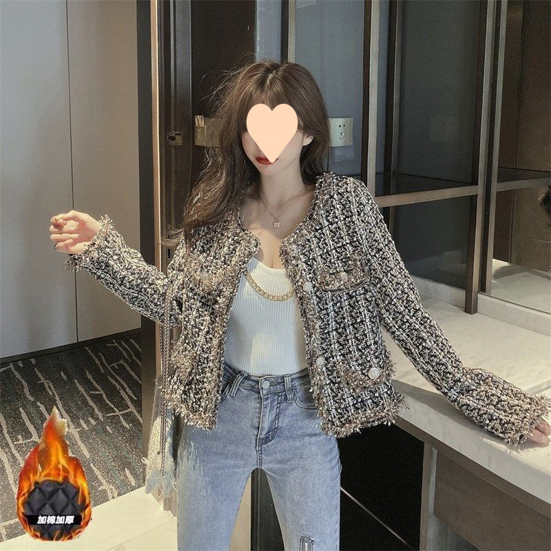 Spring and Autumn Retro Socialite Style Women's Tweed Jacket, Short Slim-Fit Versatile Trendy Jacket