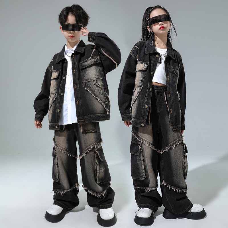 Street costumes rapper singers gogo dancers performance outfits for boys girls gogo dancers jazz dance hip-hop denim suit, boys' hip-hop jazz street performance clothing