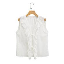 2545-新款女装欧美风V领叠层荷叶边系带短袖镂空刺绣背心上衣