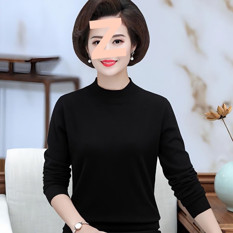 中老年毛衣纯色打底衫女妈妈装春秋针织衫短款上衣黑色内搭毛线衫