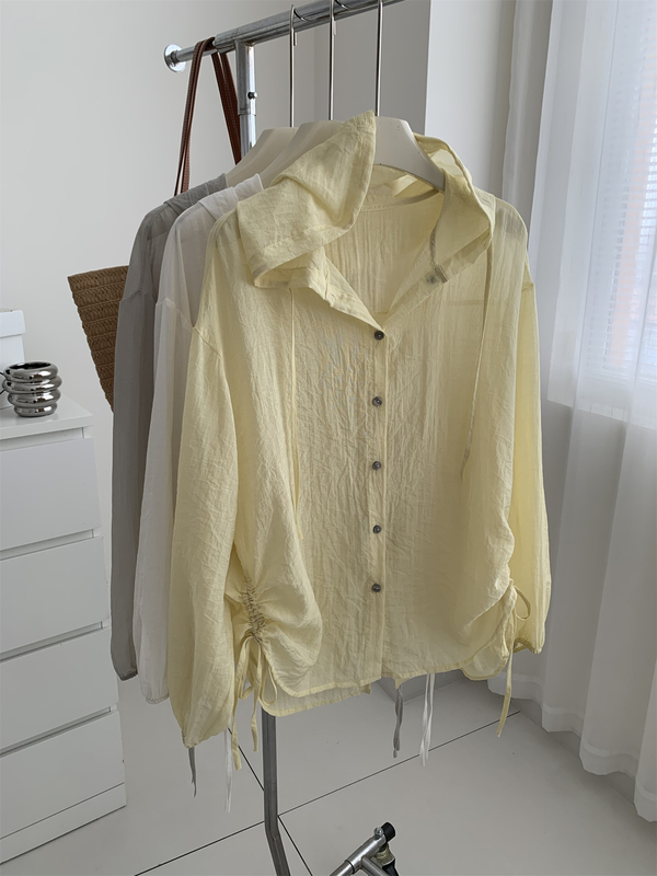 Relaxed Style Tencel-Like Hooded Sun Protection Shirt for Women, Summer Thin Shell Button Split Hem Air Conditioning Shirt Shawl Jacket