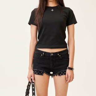 Smfk Mustang Ultra-Low-Waist Denim Shorts Ultra-Short Pants New Women's Spring [Mint Mambo]
