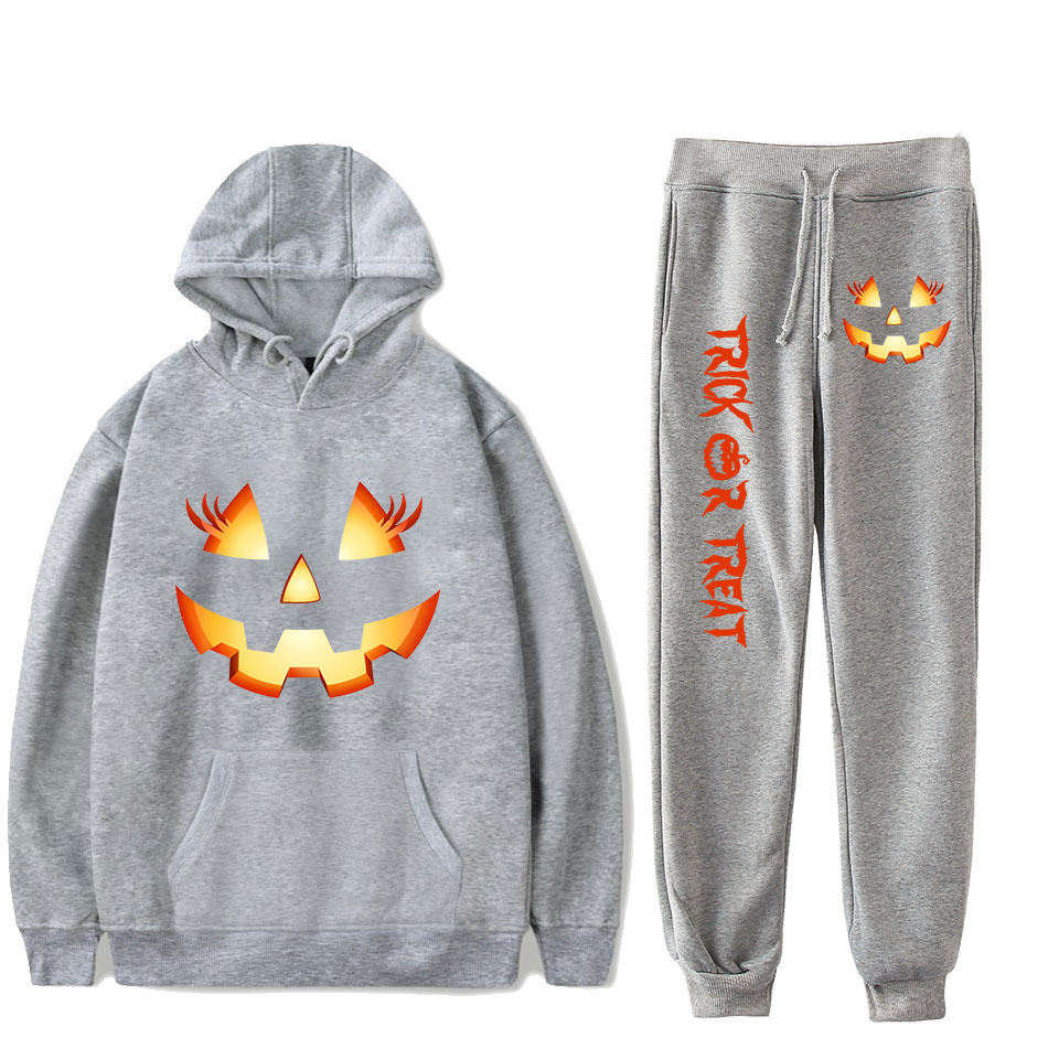 Women's Clothing creative pumpkin ghost face cartoon hooded sweatshirt leggings sports suit_voghion.com