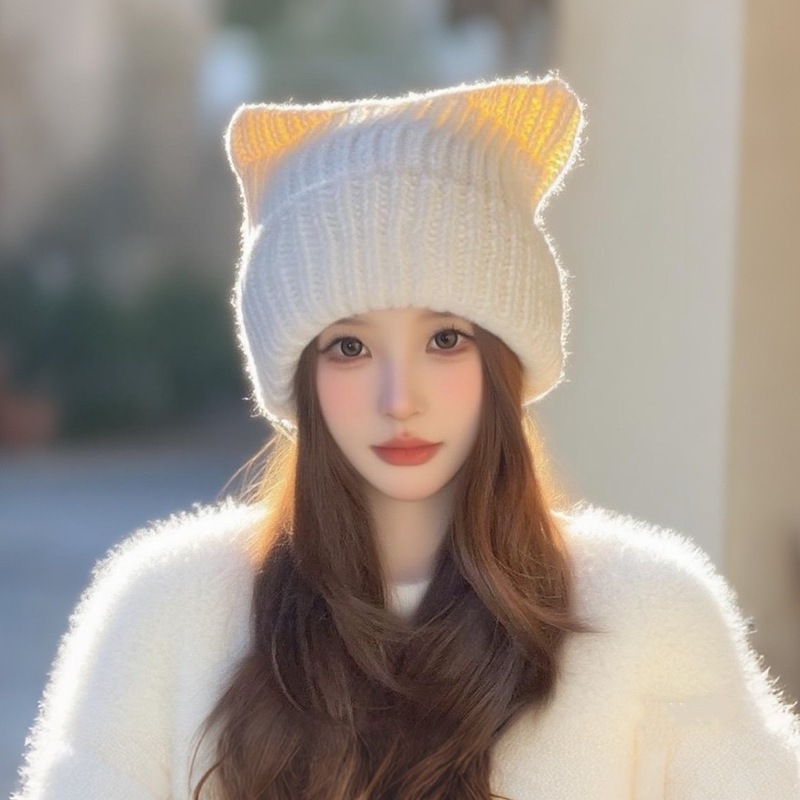 毛线帽秋冬款猫耳朵针织帽百搭显脸小套头帽保暖防寒加厚护耳帽子|undefined
