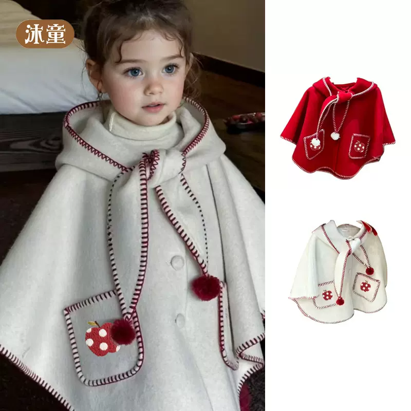 2025秋冬圣诞新年款外出女童连帽斗篷风衣时尚儿童披风宝宝披肩