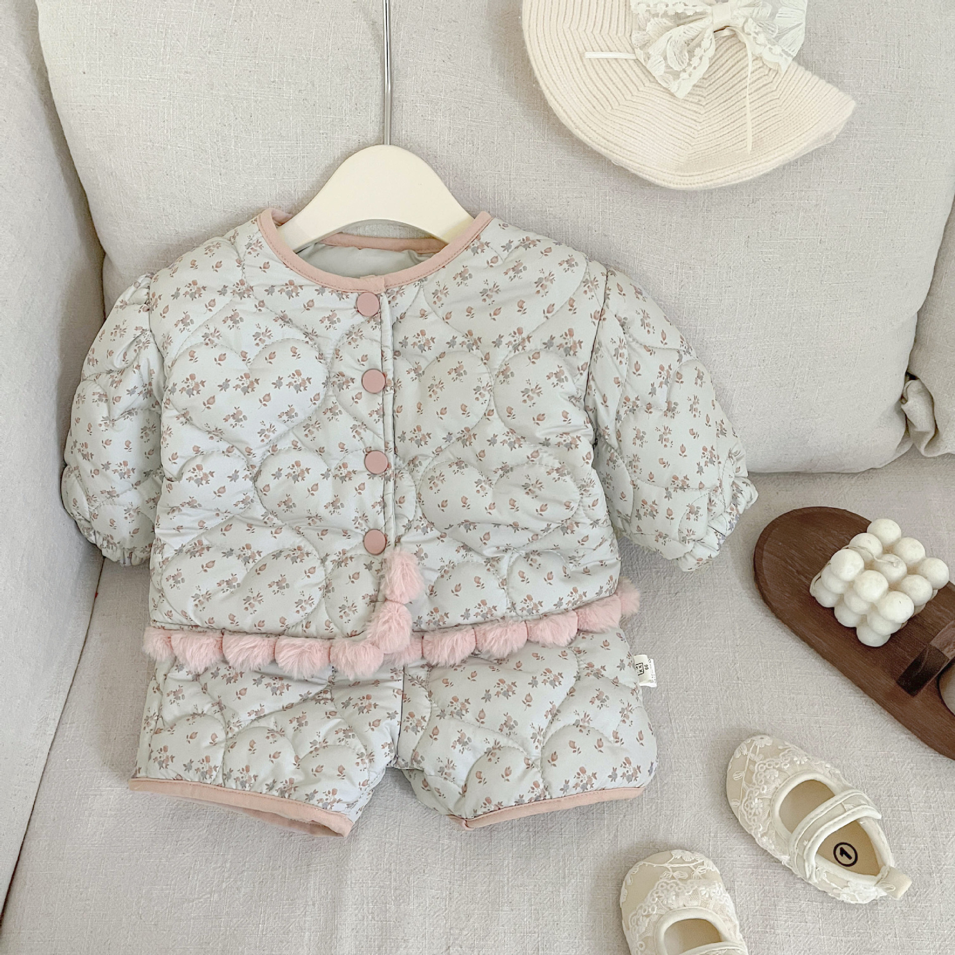 옷 겨울 새로운 꽃 두꺼운 최고 바지  가을 및 겨울 코튼 세트 서양식 따뜻한 코튼 코트