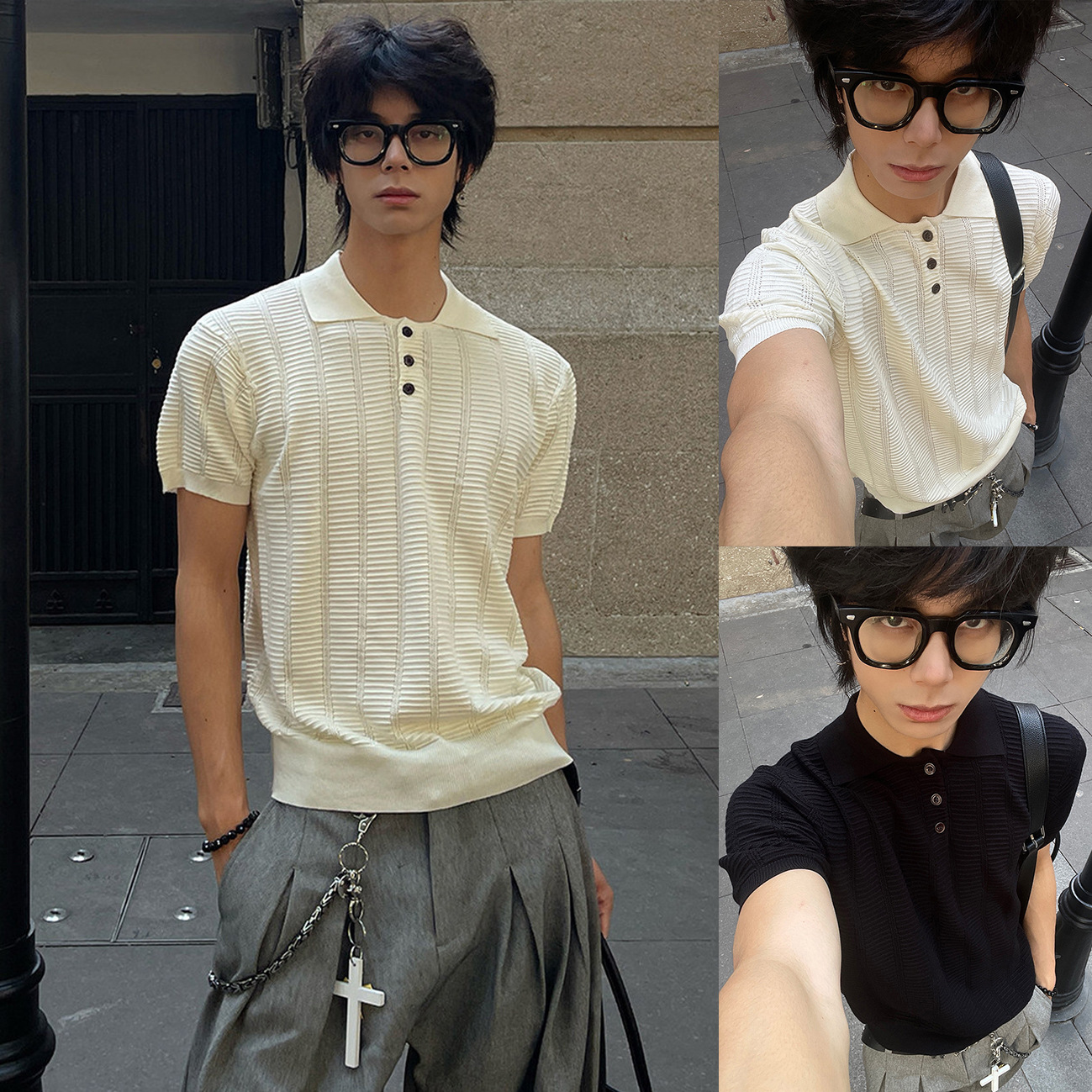 Polo camiseta de punto camiseta de manga corta camiseta de hombre solapa hueco textural viejo dinero viento hielo seda fábrica transfronteriza al por mayor