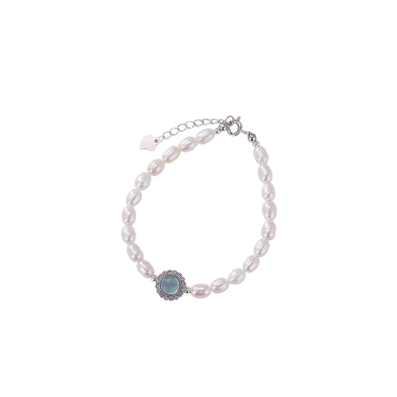 Vòng tay bạc S925 đính ngọc trai nước ngọt và đá aquamarine phong cách nhỏ tươi — Một chiếc