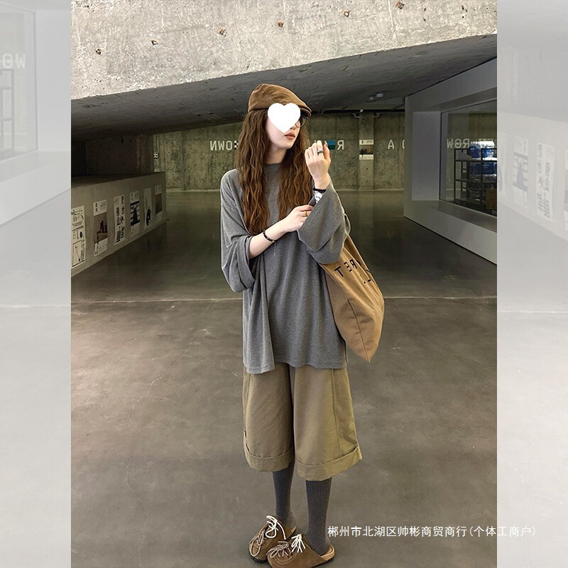 跨境早秋季韩系ootd穿搭巨看的一整套装女绝美长袖t恤阔腿裤两件|undefined