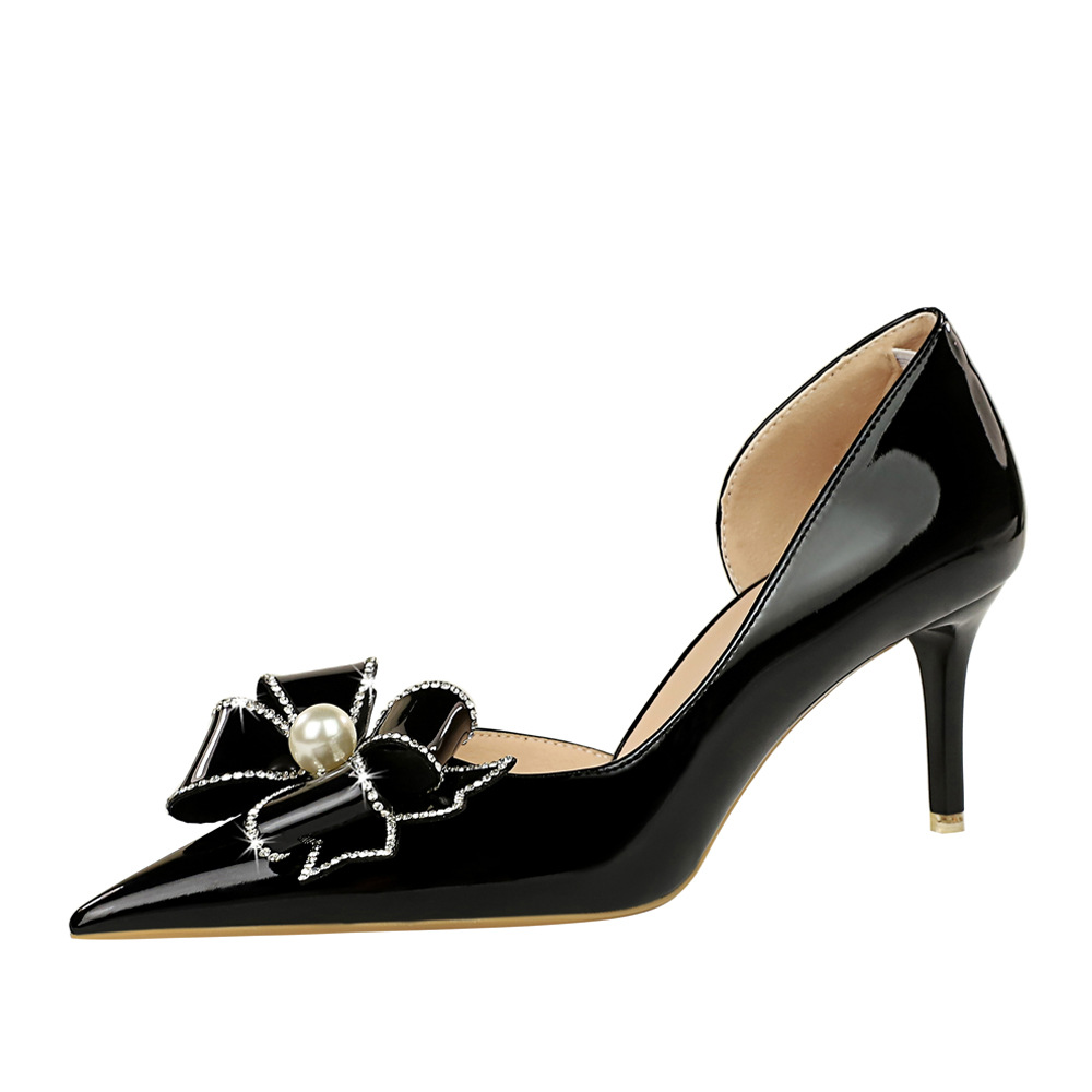 638-AH13 Banquet High Heel Shiny Lacquer Leather Shallow Mouth Pointed Side Cut Pearl Rhinestone Bow Tie Single Shoe