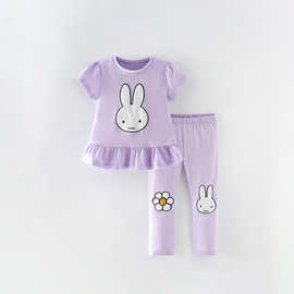 2025新款夏季欧美童装短袖套装棉质宝宝木耳边百褶洋气薄款两件套