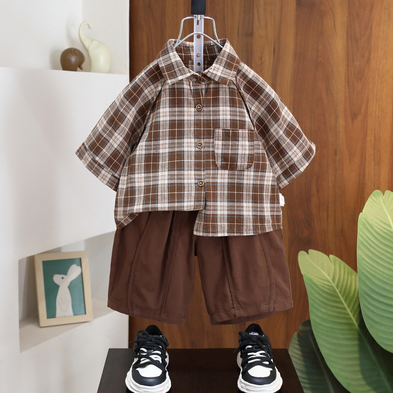 7240 Camisa a cuadros para niños de manga corta para niños pantalones cortos sueltos 2025 verano nuevos pantalones cortos estilo occidental bebé