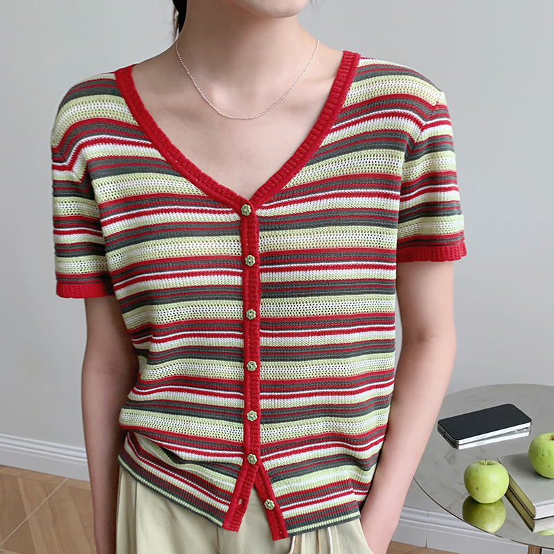 Gny Original Casual Stripesd Short-Sleeved Knitted Cardigan 2025 Summer New V Neck Short Slim Top for Women 7022