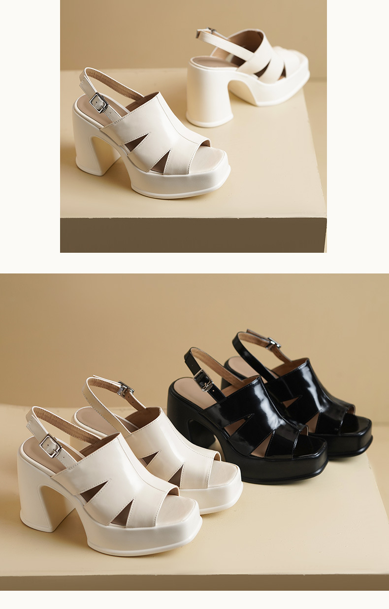 Sandal cao gót nữ hở mũi đế xuồng da thật gót 11 cm quai ngang kiểu La Mã — màu đen, màu trắng ngà chi tiết 6