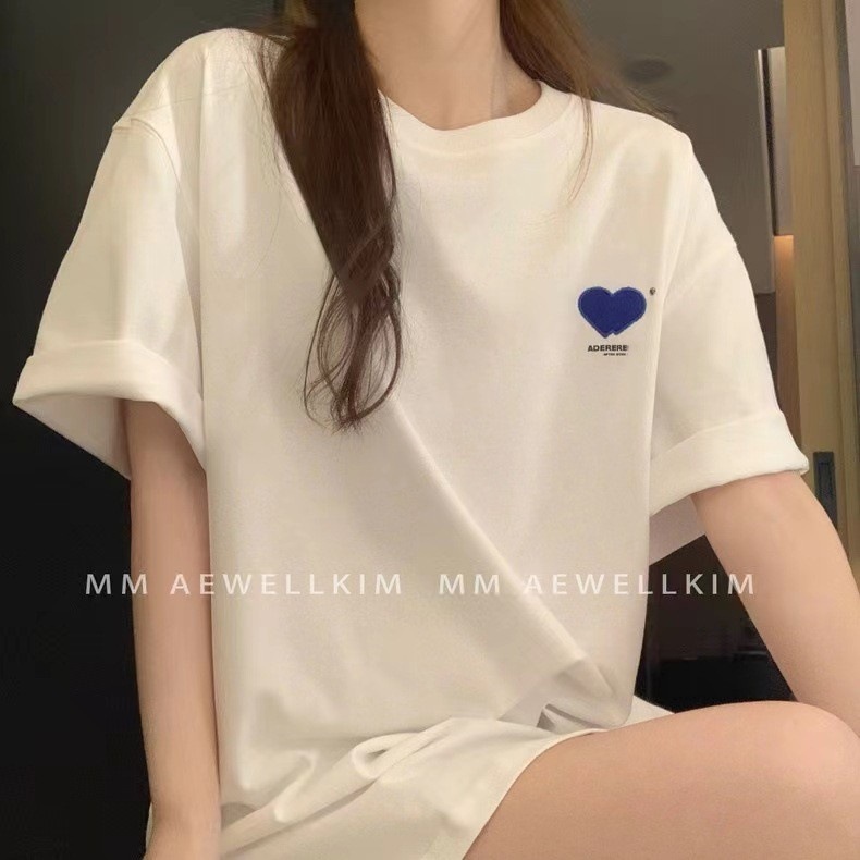 即墨原工場adar夏愛文字刺繍ゆるい純綿丸襟男女カップル半袖tシャツ小衆