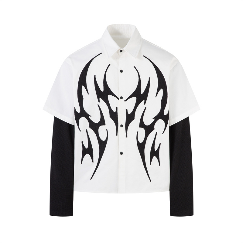 American-Style Fake Two-Piece Flame Graphic Street Hip-Hop Sports Casual Patchwork Turn-Down Collar Long-Sleeve Men's Trendy Brand Shirt
