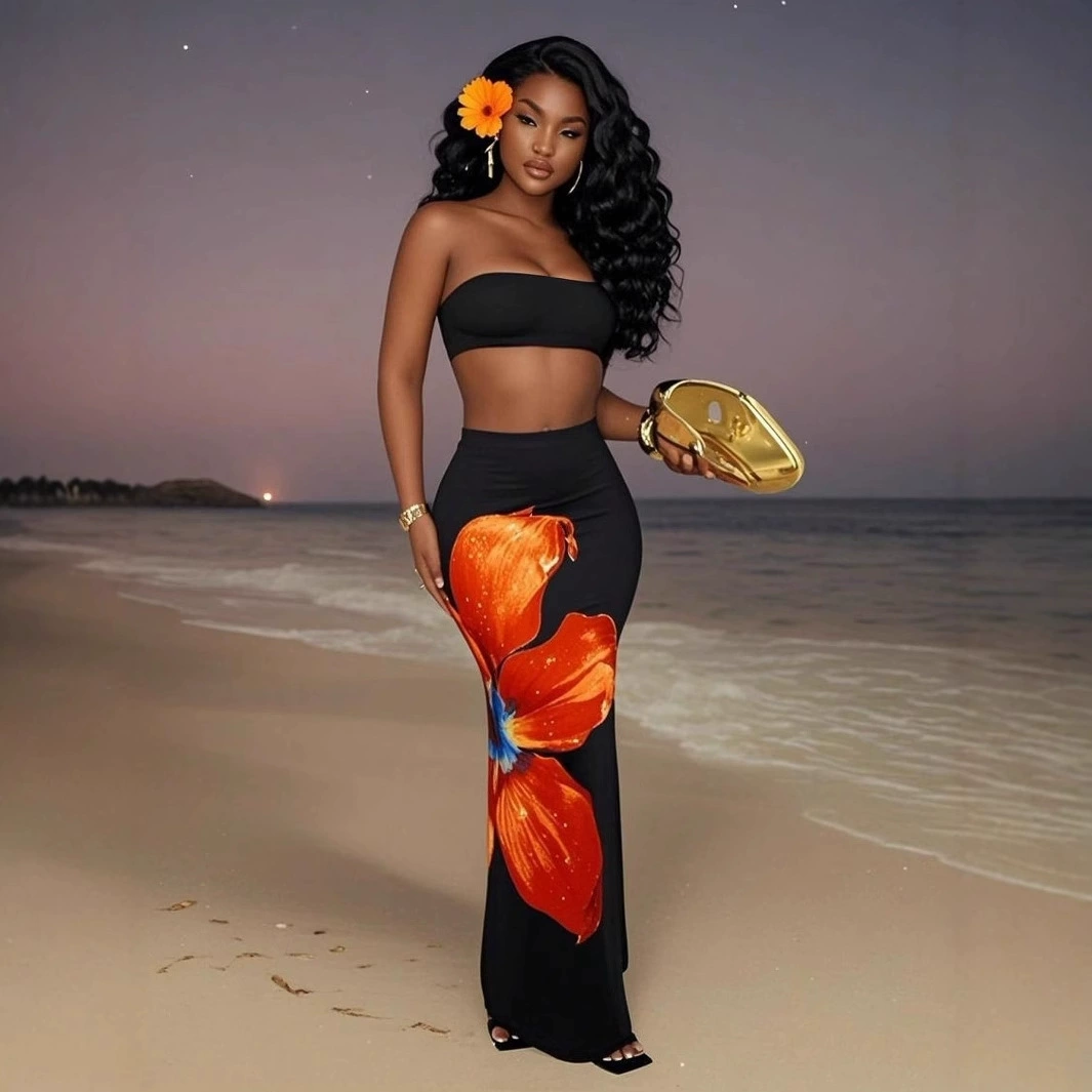 2025 Европейский и американский популярный кросс-бордерный стиль: модный женский костюм с цветочным принтом, сексуальный облегающий топ и длинная юбка