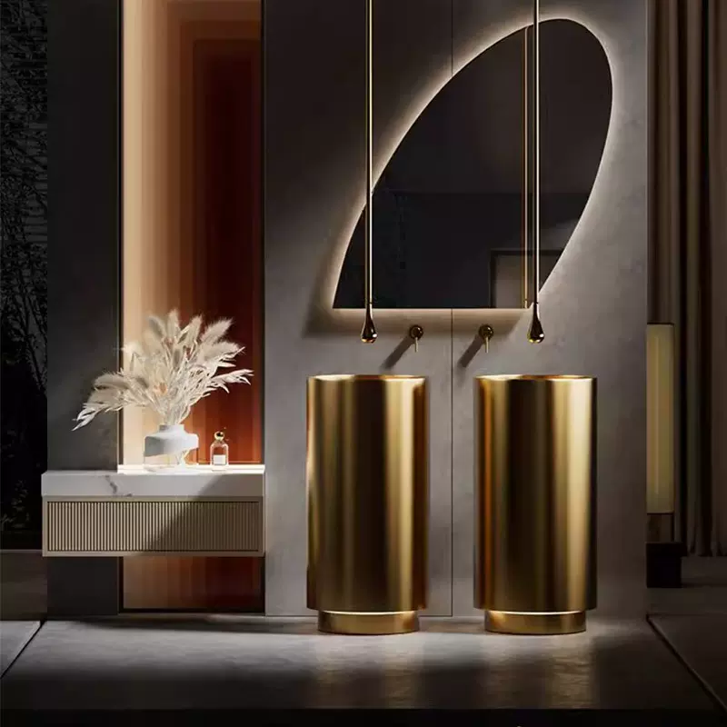 金色不锈钢立柱式洗脸盆落地式酒店洗手台盆酒吧卫生间圆形立柱盆