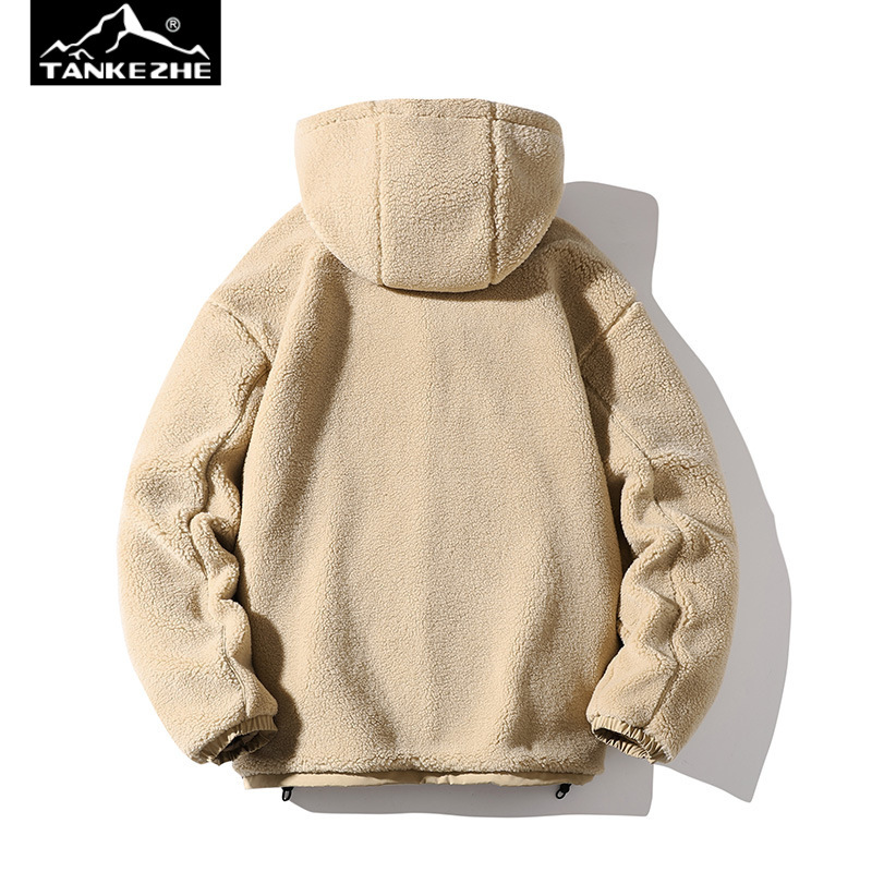 Invierno de los nuevos hombres de estilo coreano con capucha color sólido logotipo del coche de lana de cordero abrigo de algodón acolchado pareja de moda celebridad en línea mismo estilo abrigo a juego