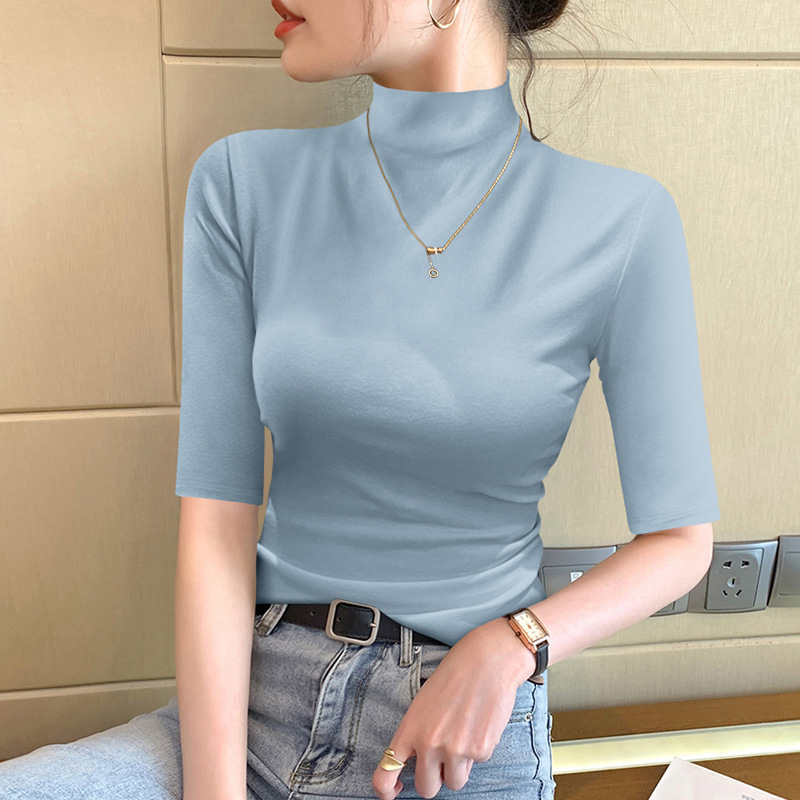 미스트 블루 하프 터틀넥 7부소매