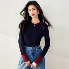 2025秋冬新款时尚洋气拼色圆领针织衫女长袖修身显瘦套头打底上衣