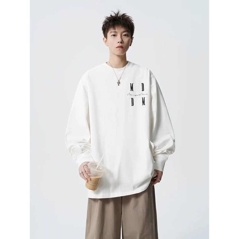 文字刺繍ネジ口長袖Tシャツメンズ新しい気質イントレンディな多用途カップルボトムコットントップ|undefined