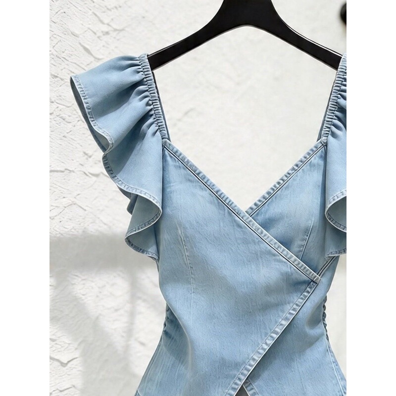 New Style Commuter Style Blue Denim Ruffled Top for Women, Elegant Cross-Strap Slimming Blouse, New Summer Style