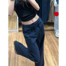 H1442严选慵懒松弛感藏青色肌理感低腰抽绳阔腿裤女夏春秋休闲裤