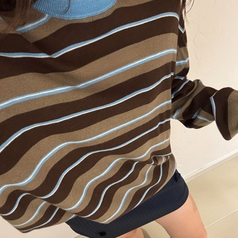 2026 Early Autumn Blue Coffee Color Striped Round Neck Pullover Loose Long Sleeve T-Shirt for Women, Stunning and Beautiful, Mature and Elegant Top