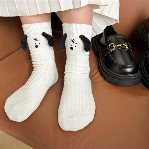 Super cute cartoon socks ins trendy versatile niche three-dimensional ears black and white puppy cotton socks white socks mid-calf women's socks