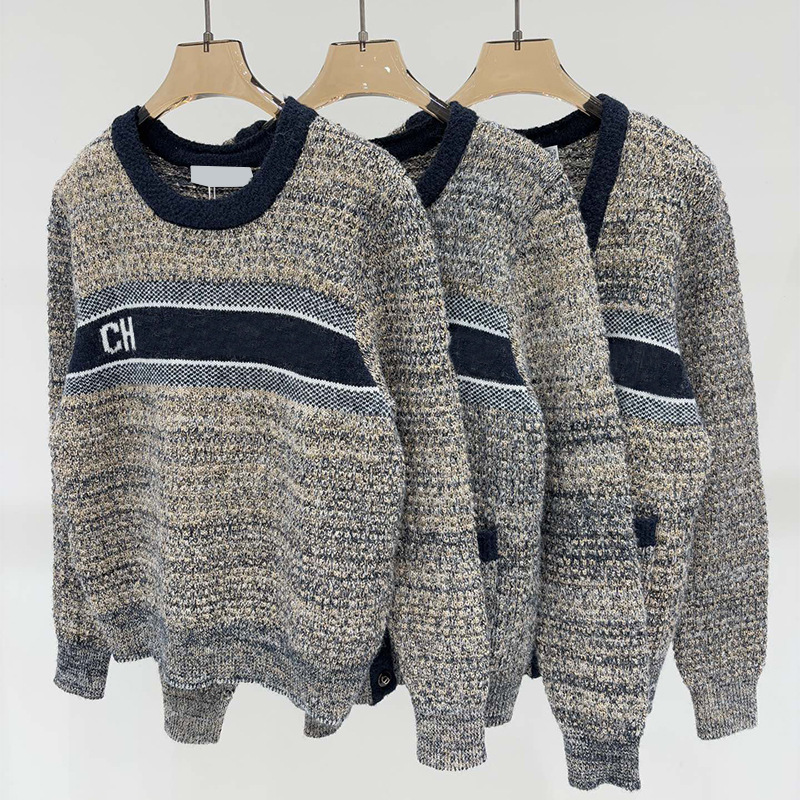 D Brand High-End Wool Knit Letter Jacquard Warm Floral Yarn Knitwear Vintage Multi-Style Tweed Sweater for Women