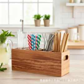 跨境木质餐具盒厨房刀叉筷子收纳盒笔筒遥控器储物盒吸管整理盒