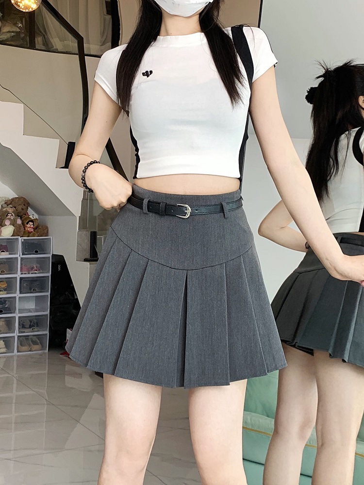 Women's Clothing Gray pleated skirt short skirt small high waist slimming skirt_voghion.com