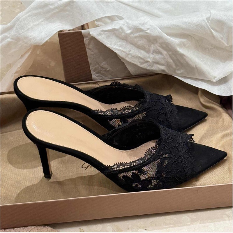 2026 New Summer Style Pointed Toe Open-Toe Black Lace High Heels for Women with Thin Heels, Sexy Embroidered Slip-On Sandals 2026 New Summer Style Pointed Toe Open-Toe Black Lace High Heels for Women with Thin Heels, Sexy Embroidered Slip-On Sandals