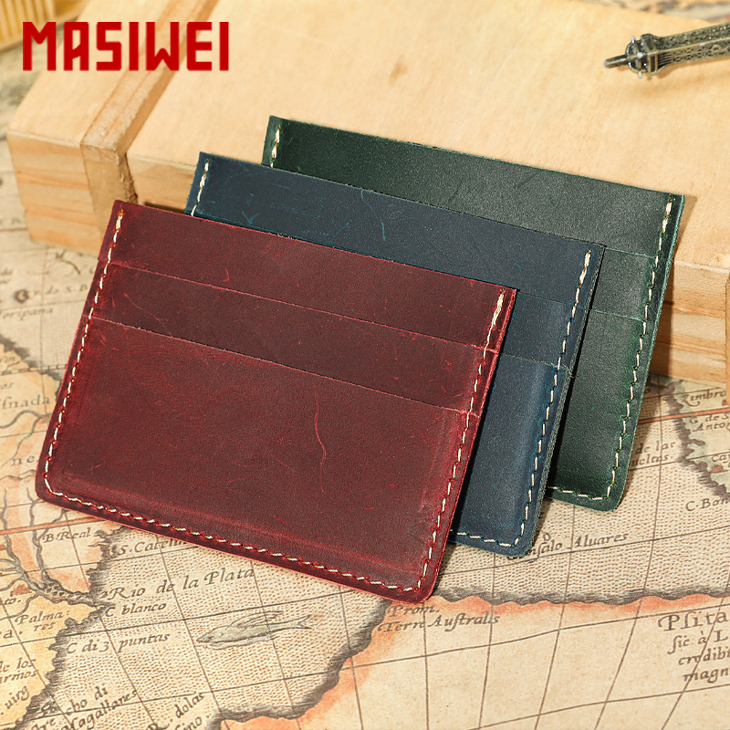 Masiwei Crazy Horse Leather Card Holder Retro Fashion Unisex Card Clip Top Layer Cowhide Simple High-End Handmade Card Holder