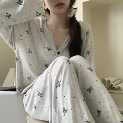 大码针织棉V领睡衣女春秋款2025网红新款长袖宽松绵绸家居服套装
