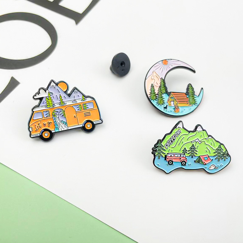 Broche de aleación de paisaje de dibujos animados, estilo ins, ropa, bolsos, accesorios, alfileres, elementos de la naturaleza, ilustración, insignia transfronteriza