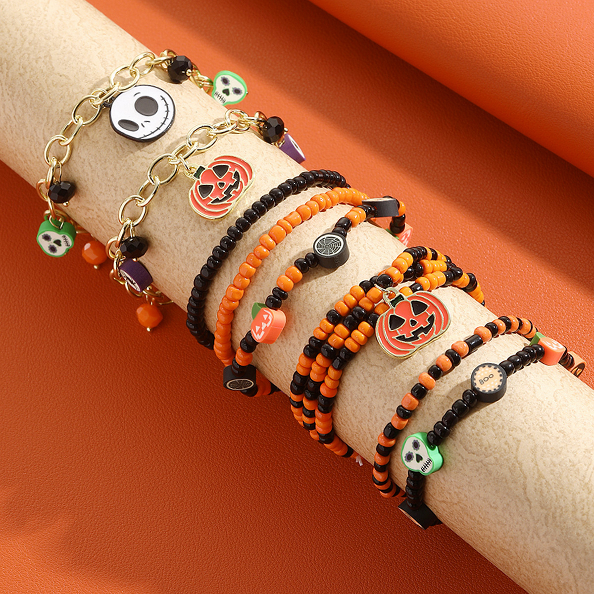 Beliebtes Halloween-Armband aus Polymer-Ton, Totenkopf-Kürbis-Perlenarmband, Damen-Kettenarmband, Urlaubsschmuck_voghion.com