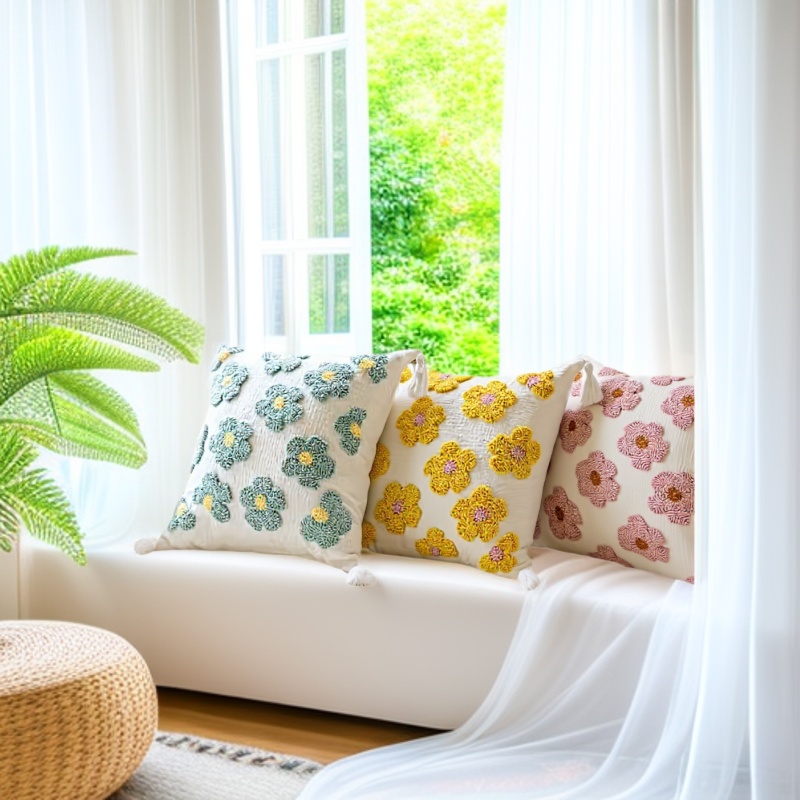 Cojín decorativo Chenille 2024, nuevo modelo, con flores pequeñas bordadas en tres dimensiones, para cabecera, dormitorio, sala de estar, ventana, con un toque de diseño.