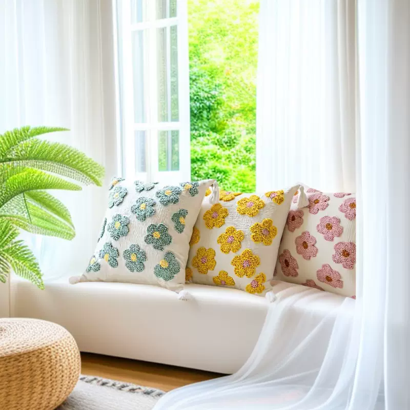 雪尼尔2024新款立体刺绣小花朵抱枕床头背靠卧室客厅飘窗设计感