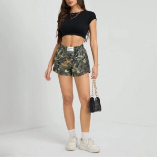W300Pt European and American Cross-Border 2025 Women's Loose Casual Shorts Branch Print Branch Casual Spring and Summer Hot-Selling Model