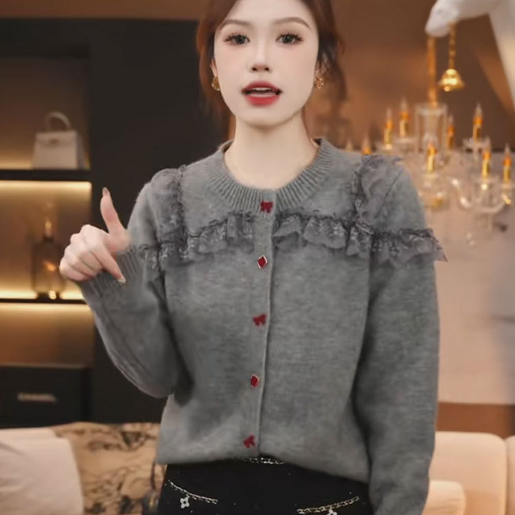 Lace Splicing Unique Super Nice Sweater 2025 Autum New Women's Design Niche Knitted Cardigan Top