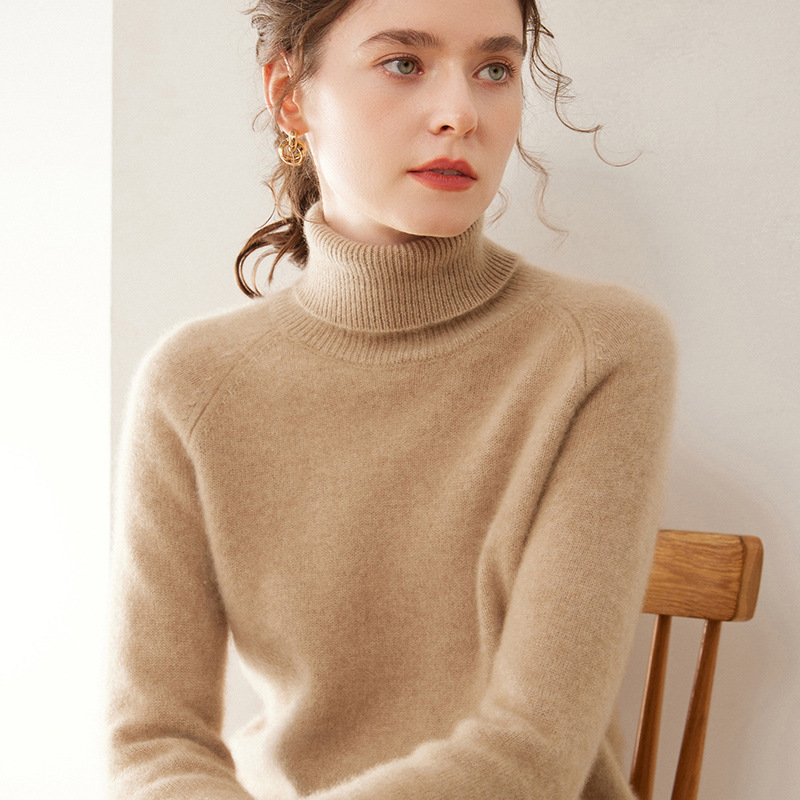 High Collar Cashmere Sweater for Women, 100% Pure Cashmere, Double-Ply Thickened, Solid Color Knitted Base Sweater