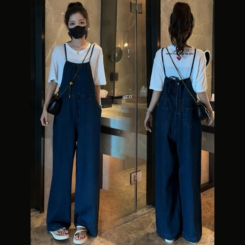 Fashionable Denim Overalls Set for Women, New Summer Style, Stylish and Slimming Short-Sleeve T-Shirt and Suspender Jumpsuit Two-Piece Set