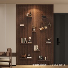 胡桃色实木洞洞板中古风家用装饰性墙上洞洞板置物架洞洞板展示架